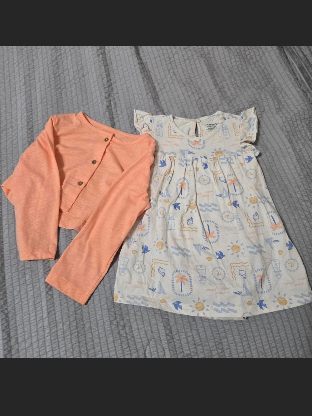 Carter's Peach Coral Cardigan & White Nautical Print Dress Set